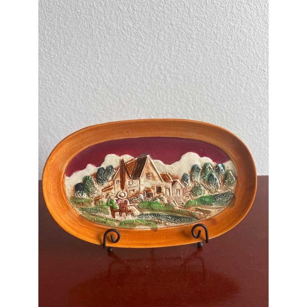 Vintage Inasco Japan Ceramic 3D Embossed Cottage Scene Oval Trinket Dish Tray